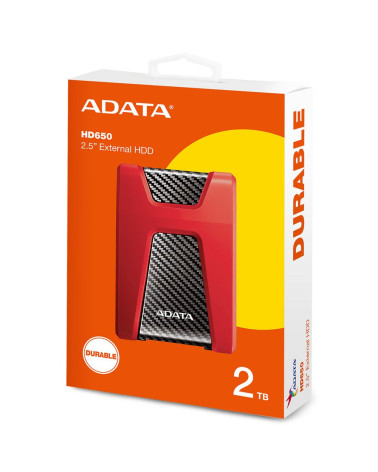 Жесткий диск внешний ADATA HD650 AHD650-2TU31-CRD 2TB 2.5" USB 3.1, LED indicator, Red, Retail 20, (460707) 