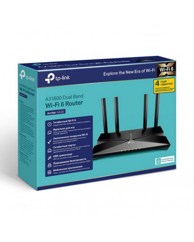 Маршрутизатор TP-LINK Archer AX20 AX1800 Двухдиапазонный Wi-Fi роутер, до 1201 Мбит/с на 5ГГц + до 574Мбит/с на 2,4ГГц,четырехяд