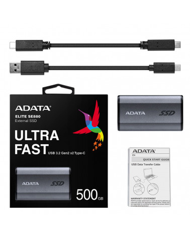 Твердотельный накопитель SSD ADATA Drive SE880 - 500GB 512GB USB 3.2 USB-C Titanium Grey - Rugged, Highly Portable High Speed 20