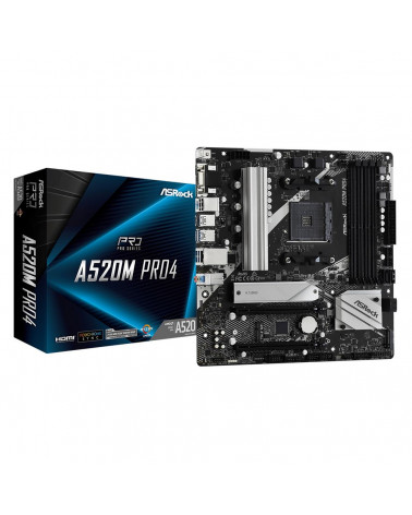 Материнская плата ASRock A520M PRO4, Socket AM4, AMD A520, 4xDDR4-3200, D-SUB+HDMI+DP, 2xPCI-Ex16, 4xSATA3(RAID 0/1/10), 2xM.2, 