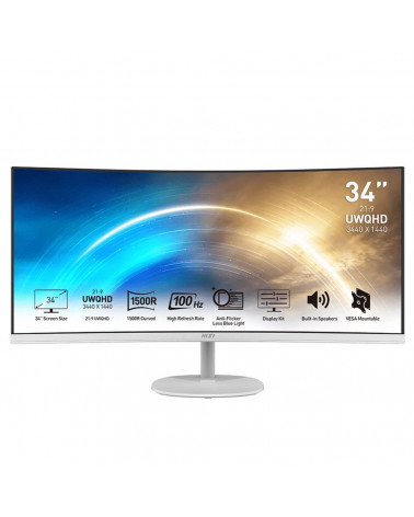 Монитор MSI PRO MP341CQW 34" White (VA, 3440x1440, HDMI+HDMI+DP, 1 ms, 178°/178°, 300 cd/m, 3000:1 (100M:1), 100Hz, MM, Curved) 