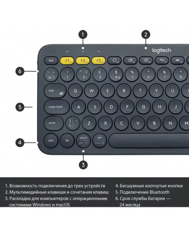 Клавиатура беспроводная Logitech K380 Multi-Device Bluetooth Keyboard Gray серая, копактная, 79 круглых клавиш, Bluetooth 3,0, п