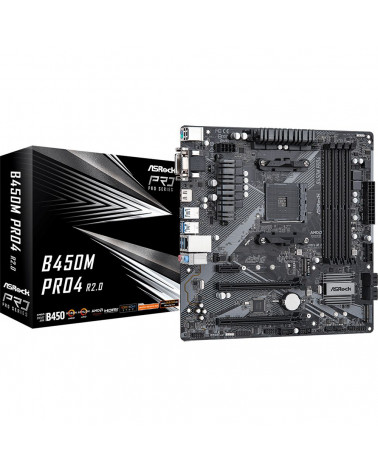 Материнская плата ASRock B450M PRO4 R2.0, Socket AM4, AMD B450, 4xDDR4-2667, D-SUB+DVI-D+HDMI, 2xPCI-Ex16, 1xPCI-Ex1, 4xSATA3(RA