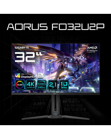 Монитор 31.5" Gigabyte AORUS FO32U2P-EK Black  (QD-OLED, 3840 х 2160, 240Hz, 250 cd/m, 1000:1, 2xHDMI 2.1, DP 2.1, DP 1.4 3xUSB 