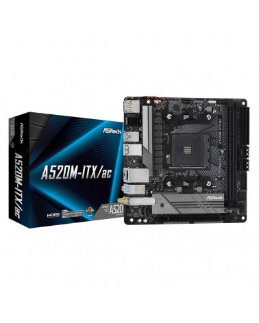 Материнская плата ASRock A520M-ITX/AC, Socket AM4, AMD A520, 2xDDR4-3200, HDMI+DP, 1xPCI-Ex16, 4xSATA3(RAID 0/1/10), 1xM.2, 8 Ch