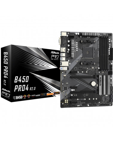 Материнская плата ASRock B450 PRO4 R2.0, Socket AM4, AMD B450, 4xDDR4-2667, D-SUB+HDMI+DP, 2xPCI-Ex16, 4xPCI-Ex1, 6xSATA3(RAID 0