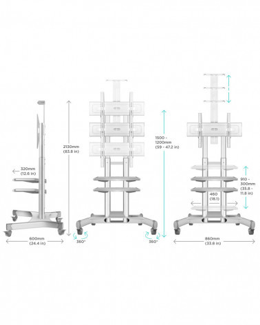 ONKRON TS1552 белая мобильная стойка для ТВ 40"-70" с двумя полками, макс 45.5 кг