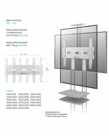 ONKRON TS1552 белая мобильная стойка для ТВ 40"-70" с двумя полками, макс 45.5 кг