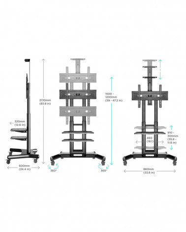 ONKRON TS1552 чёрная мобильная стойка для ТВ 40"-70" с двумя полками, макс 45.5 кг
