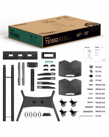 ONKRON TS1552 чёрная мобильная стойка для ТВ 40"-70" с двумя полками, макс 45.5 кг