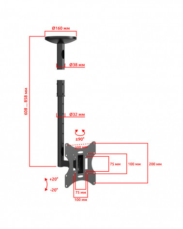 UniTeki LCD2101 черный потолочный кронштейн для диагонали 23"-43", 608-858мм