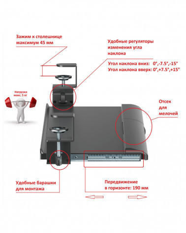 UNITEKI KBT680T полка для клавиатуры, подставка для мыши к столу на струбцинах с наклоном и выдвижением, чёрная