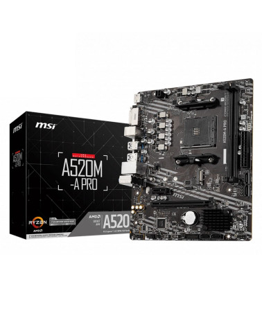 Материнская плата MSI A520M-A PRO A520, AM4, 2*DDR4, 1*PCIEx16, 1*PCIEx1, 1*M.2, 6*USB3.2Gen1, 6*USB2.0, 4*SATA3.0, 1G, DVI, HDM