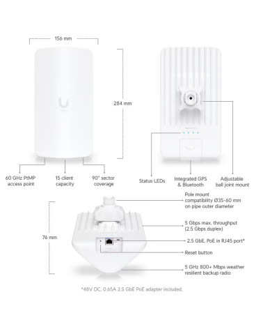 Точка доступа Wi-Fi Ubiquiti UISP Wave AP Micro Базовая станция 60 ГГц (с резервированием 5 ГГц), UISP Wave Technology, 20 дБи