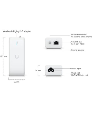 Ubiquiti UniFi Device Bridge Радиоустройство 5 ГГц, 802.11a/n/ac, MIMO 2х2, 1х 1G RJ45 (с раздачей PoE)