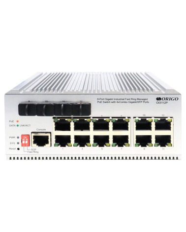Коммутатор ORIGO OI3112P/185W/A1A 12-портовый гигабитный промышленный управляемый
L2-коммутатор с 8 портами PoE+ и 4 комбо-порта