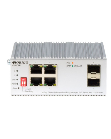Коммутатор ORIGO OI3106P/60W/A1A Промышленный управляемый L2
PoE-коммутатор 4x1000Base-T PoE+,
2x1000Base-X SFP, PoE-бюджет 60 В