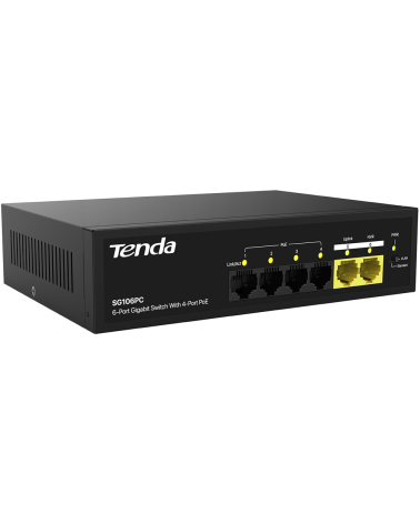 Коммутатор Tenda SG106PC Коммутатор неуправляемый PoE, 6 портов 6x1 Гбит/с, PoE 4х до 30 Вт, 2хUplink, настольный