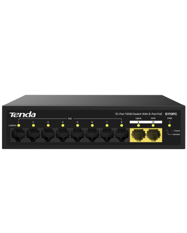 Коммутатор Tenda S110PC Коммутатор неуправляемый PoE, 10 портов 10x100 Мбит/с, PoE 8х до 30 Вт, настольный
