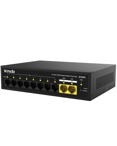 Коммутатор Tenda S110PC Коммутатор неуправляемый PoE, 10 портов 10x100 Мбит/с, PoE 8х до 30 Вт, настольный