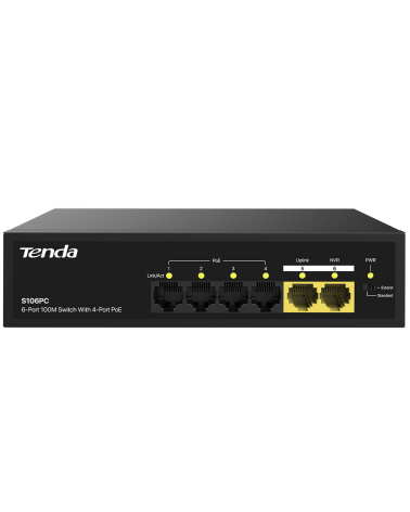 Коммутатор Tenda S106PC Коммутатор неуправляемый PoE, 6 портов 5x100 Мбит/с, PoE 4х до 30 Вт, настольный