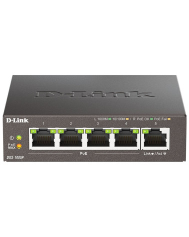 Коммутатор D-Link DGS-1005P/B3A с 5 портами 10/100/1000Base-T (4 порта PoE 802.3af/at, PoE‑бюджет 60 Вт)