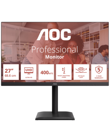 Монитор 27" AOC U27E4CV  IPS, 3840x2160, 60Hz, 4ms, 400сd/m, 1200:1 | 2xHDMI(2.1), DP(1.4), Type-C(PD-90W), 4xUSB 3.2, RJ45 | HA