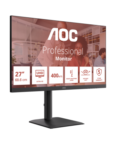 Монитор 27" AOC U27E4CV  IPS, 3840x2160, 60Hz, 4ms, 400сd/m, 1200:1 | 2xHDMI(2.1), DP(1.4), Type-C(PD-90W), 4xUSB 3.2, RJ45 | HA