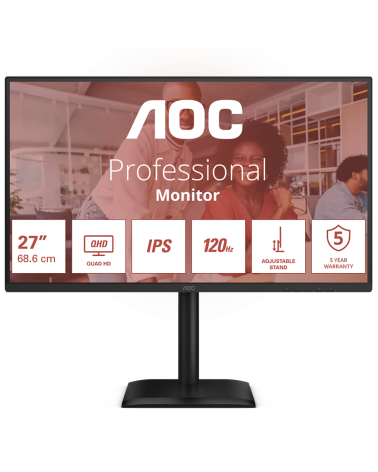 Монитор 27" AOC Q27E4U  IPS, 2560x1440, 120Hz, 4ms, 350сd/m, 1500:1 | HDMI(2.0), DP(1.4), 4xUSB 3.2 | HAS, Pivot, Swivel, InPSU,
