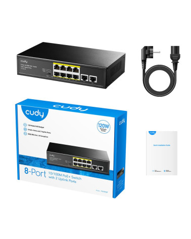 Коммутатор CUDY  FS1010P  8-Port 10/100M PoE+ Switch with 2 Uplink Ports 120W   8-Port 10/100M PSE RJ-45  +2 RJ45 10/100M Uplink