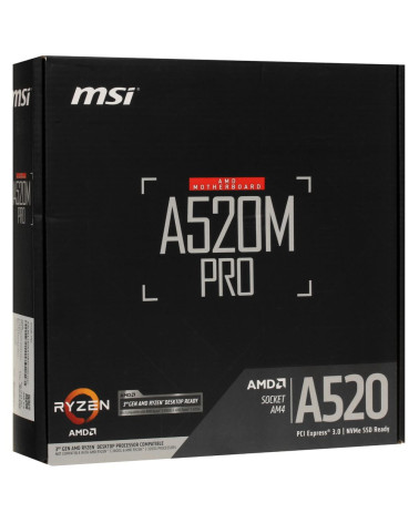 Материнская плата MSI A520M PRO A520, AM4, 2*DDR4, 1*PCIEx16, 2*PCIEx1, 1*M.2, 6*USB3.2Gen1, 6*USB2.0, 4*SATA3.0, 1G, VGA, DP, H