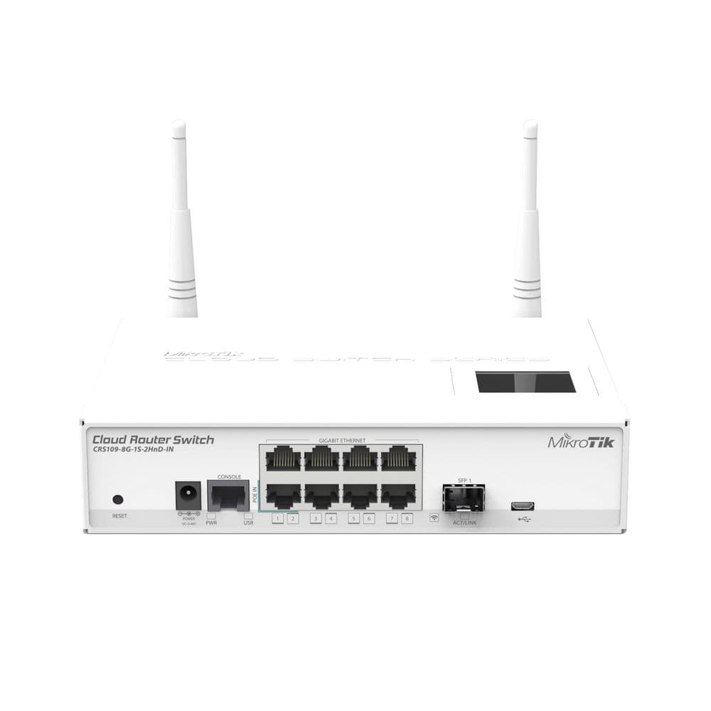 Точка доступа Wi-Fi MIKROTIK CRS109-8G-1S-2HnD-IN Switch. Wifi 2.4GHz 802.11 a/b/g/n, Ethernet 8x 10/100/1000 + 1x SFP. PoE. Console, USB, LCD touchscreen