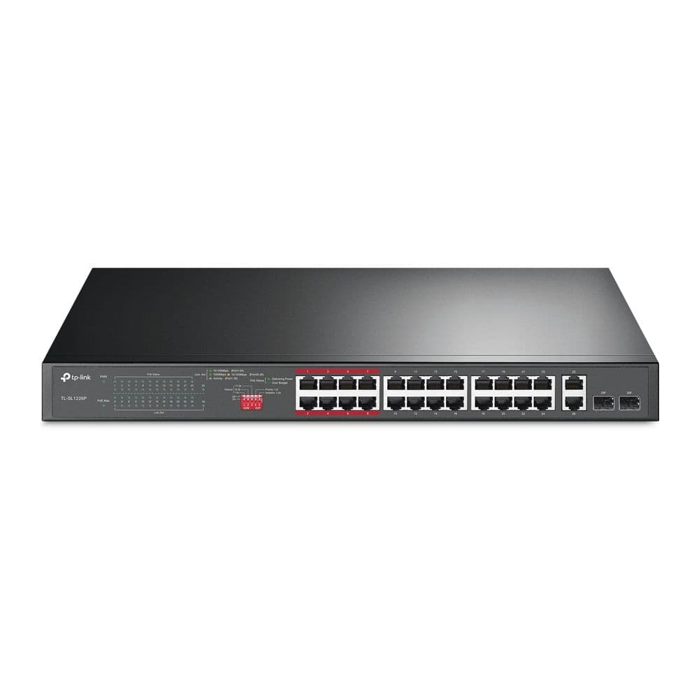Коммутатор TP-LINK TL-SL1226P 24-портовый 10/100 Мбит/с неуправляемый коммутатор PoE+ с 2 комбо Uplink-портами RJ-45/SFP, металлический корпус, установка в стойку, 24 порта PoE+ стандарта 802.3af/at, 2 гигабитных комбо Uplink-порта RJ-45/SFP