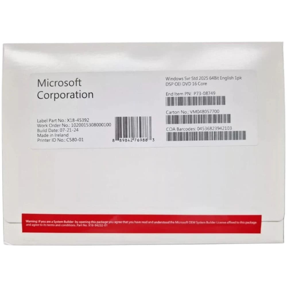 Операционная система Windows Server Standard 2025 English 16 Core Наклейка ОЕМ (P73-08337)