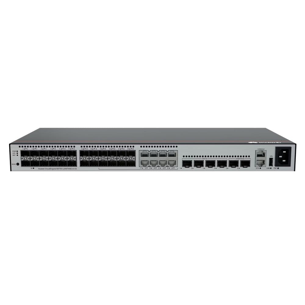 Коммутатор Huawei S5735-L24ST4XE-A-V2 (24*GE SFP ports, 8 of which are dual-purpose 10/100/1000 or SFP, 4*10GE SFP+ ports, 2*12GE stack ports, built-in AC power, front access, L-MLIC-S57L)