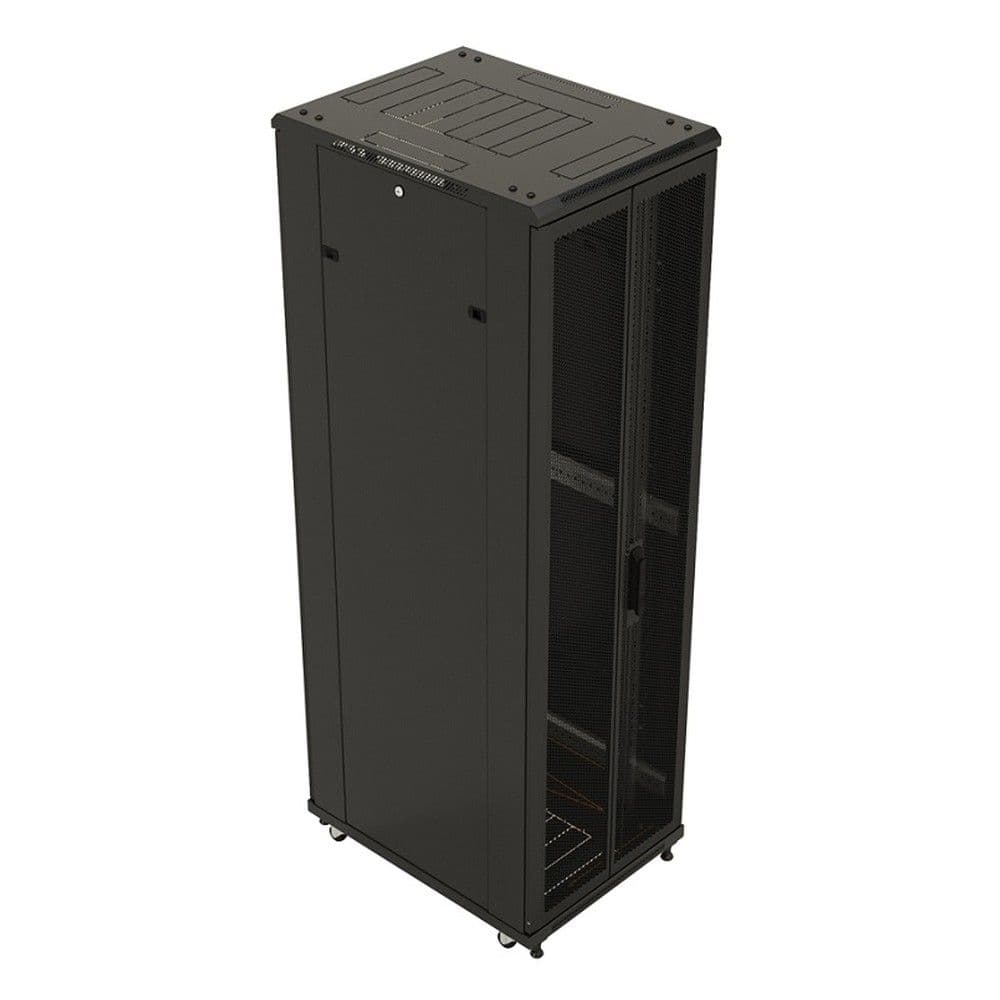 Шкаф HyperlineTTB-4282-DD-RAL9004 напольный 42U 2055x800х1200 мм (ВхШхГ), передняя и задняя распашные перфорированные двери (75%), ручка с замком, 2 вертикальных кабельных организатора, крыша нового типа, цвет черный (RAL9004), (разобранный)