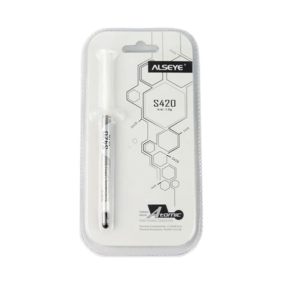 Термопаста ALSEYE S420 Color: Grey Thermal Conductivity: ＞1.36 Thermal Impedance: <0.229Specific Gravity:>2 Viscosity: 1000 Thixotropic Index: 350±10 MomentBeared Temperature： -50-340℃ Operation Temperture: -30-300℃;silicon conpounds:35%;carbon conpounds:35%;