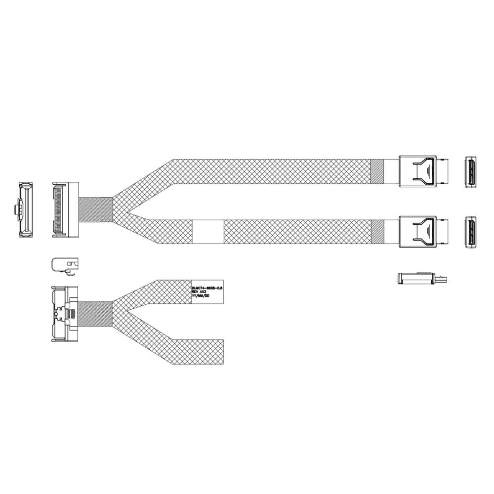 Кабель JPC P7352DN00800-1 Cable MCIO x8 74P (прямой Straight Type) -TO- 2x OCuLink x4 42P (прямой Straight Type), 85 Ohm, L:80cm