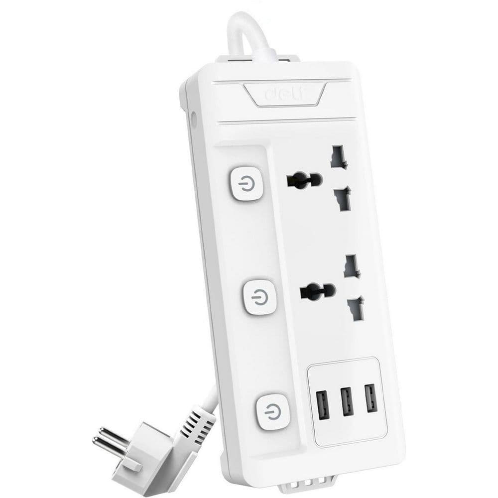 Сетевой фильтр универсальный Deli ET409 / 2розетки + 3USB, 2 м