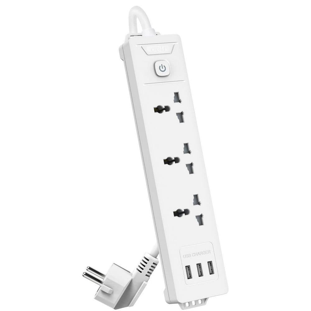 Сетевой фильтр универсальный Deli ET408 / 3розетки + 3USB, 2 м