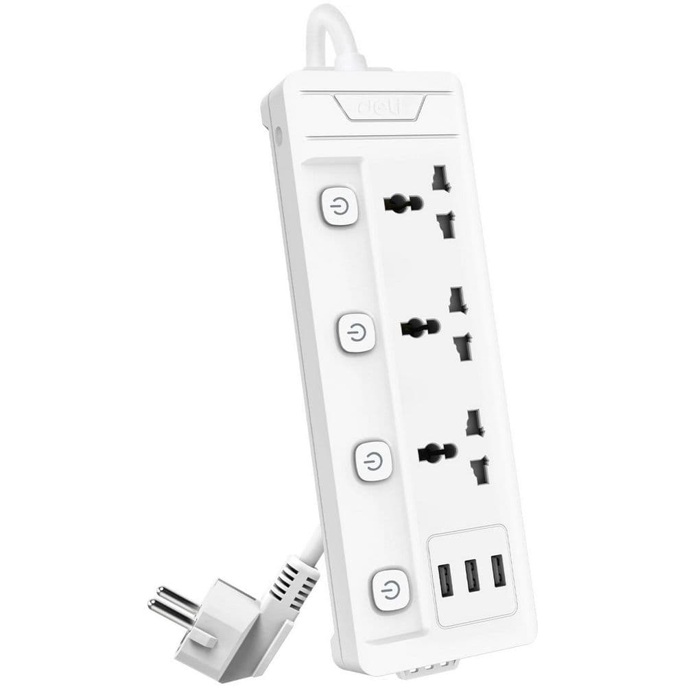 Сетевой фильтр универсальный Deli ET410/ 3розетки + 3USB, 2 м