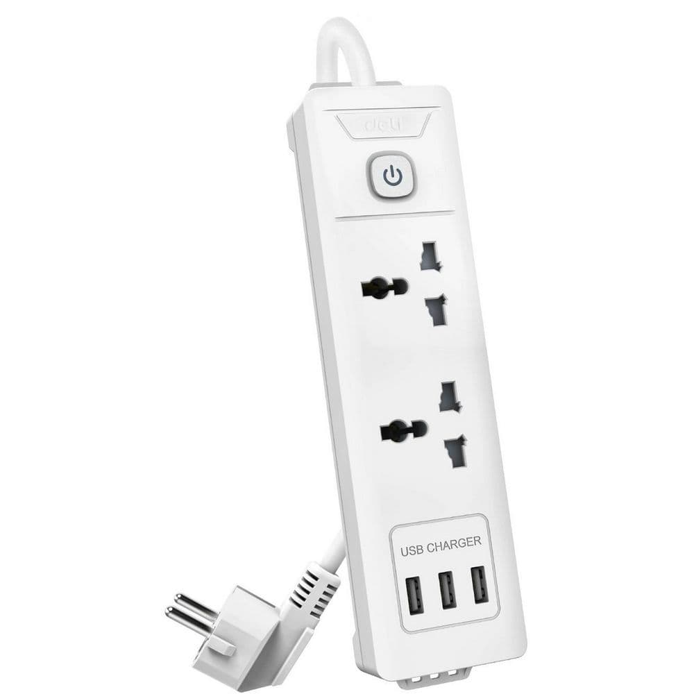 Сетевой фильтр универсальный Deli ET407/ 3розетки + 3USB, 2 м