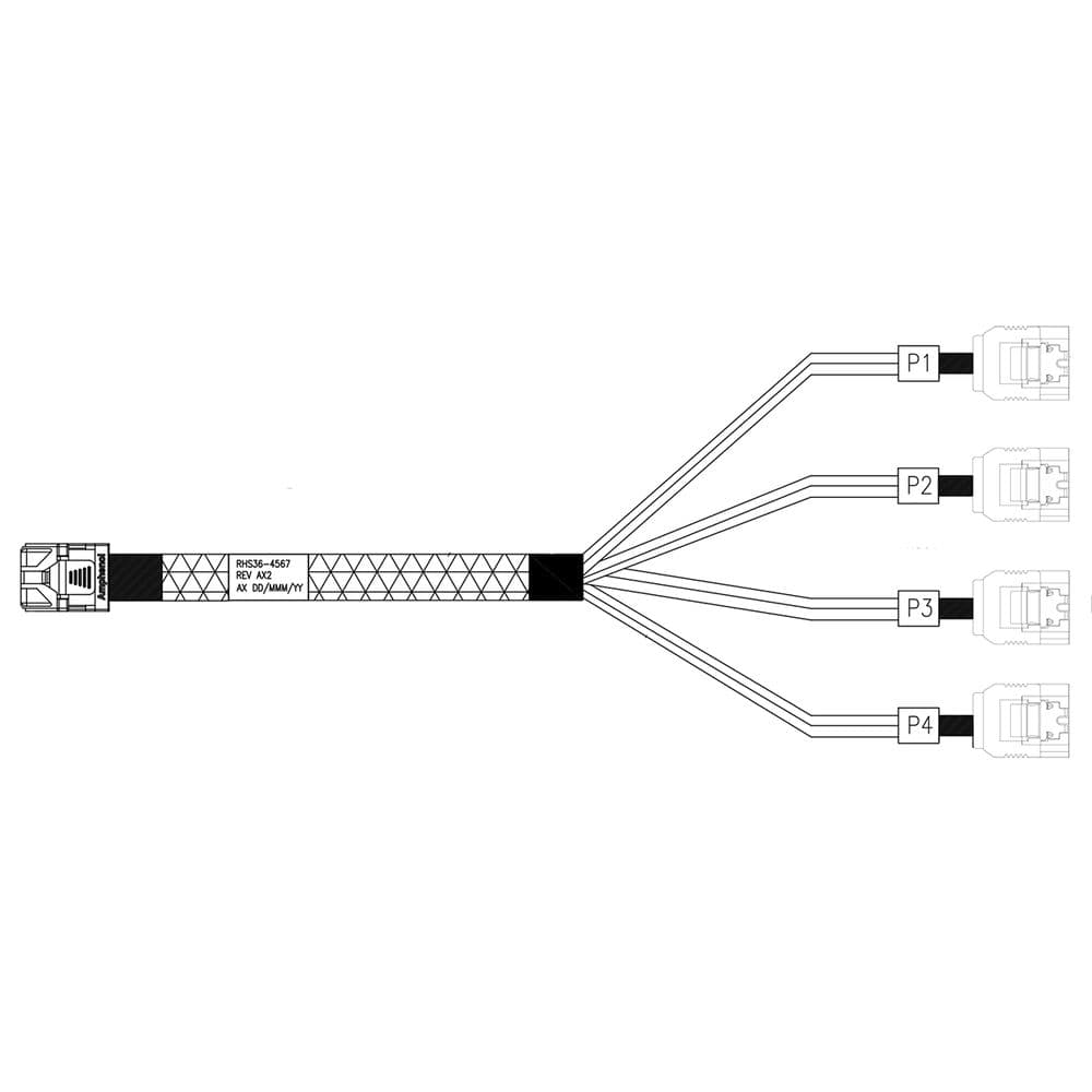 Кабель Amphenol RHS36-4567 HDmSAS SFF8643 -to- 4*SATA, металлические защелки, 75cm