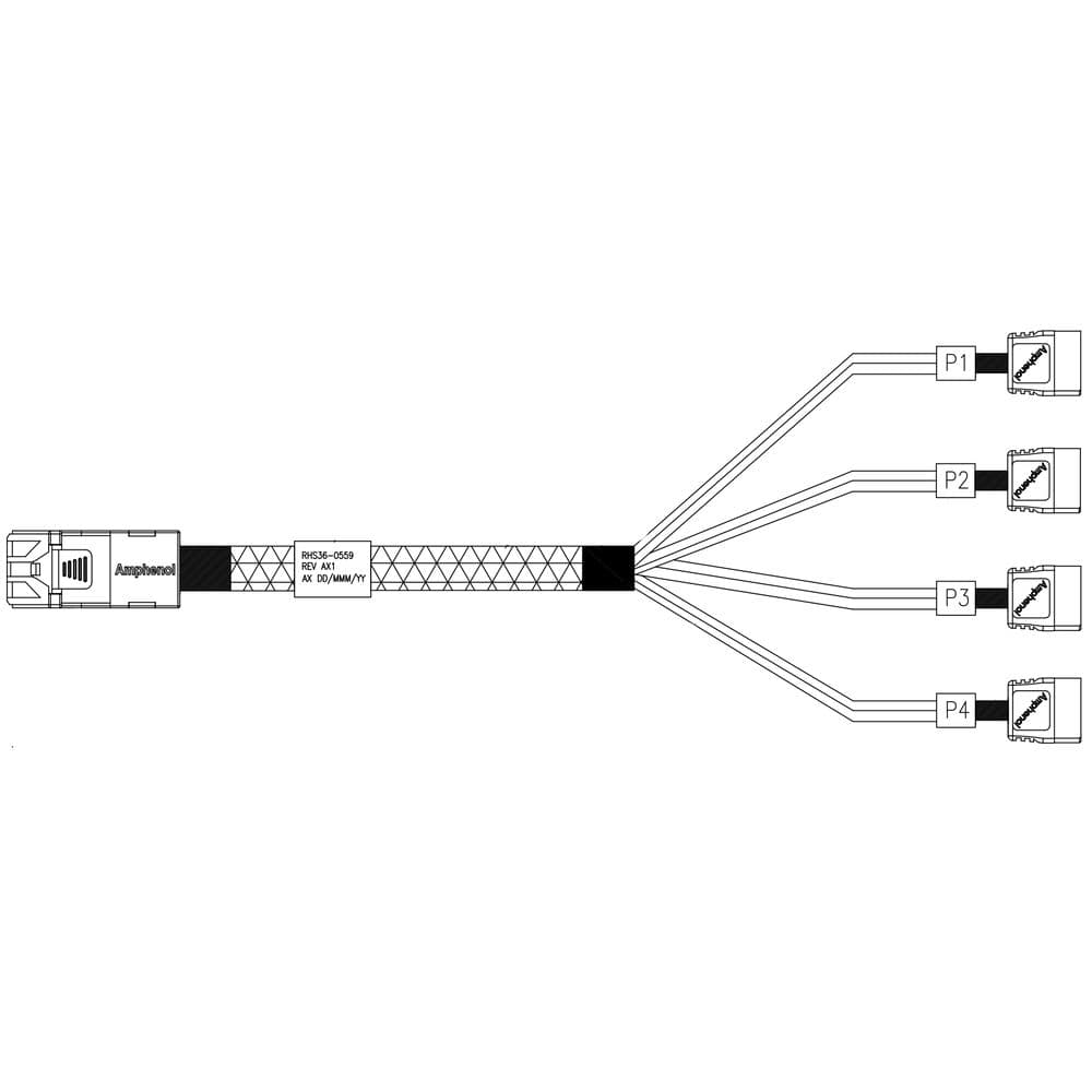 Кабель Amphenol RHS36-0559 HDmSAS SFF8643 -to- 4*SATA, SAS 2.1 (6G), 100cm (C43SATA)