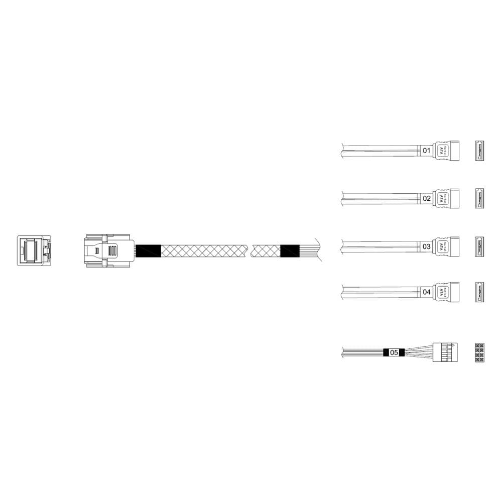 Кабель Miradeed MD-6715032, HDmSAS SFF8643 -to- 4*SATA + SideBand, 12G, 85 Ohm, 60cm