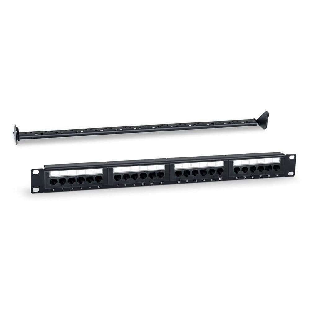 Патч-панель Hyperline Bad Pack WRline WR-PL-24-C5E-D Патч-панель 19" (1U), 24 порта RJ-45, категория 5e, Dual IDC, с задним кабельным организатором, цвет черный