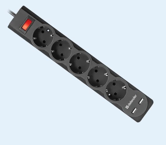 Сетевой фильтр Defender DFS 755 5.0 м, 5 розеток, 2xUSB, черный (99755)