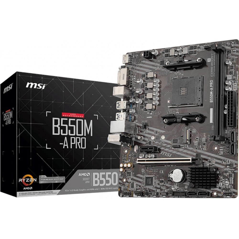 Материнская плата MSI B550M-A PRO B550, AM4, 2*DDR4, 1*PCIEx16, 1*PCIEx1, 1*M.2, 6*USB3.2Gen1, 6*USB2.0, 4*SATA3.0, 1G, DVI, HDM