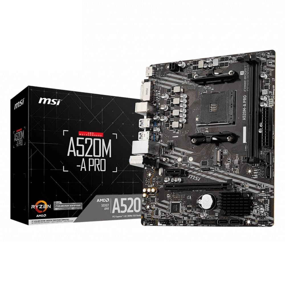Материнская плата MSI A520M-A PRO A520, AM4, 2*DDR4, 1*PCIEx16, 1*PCIEx1, 1*M.2, 6*USB3.2Gen1, 6*USB2.0, 4*SATA3.0, 1G, DVI, HDM