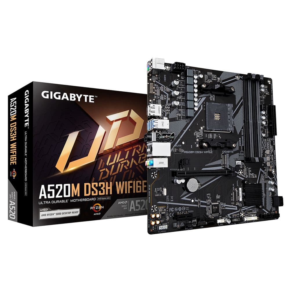 Материнская плата Gigabyte A520M DS3H WF6E A520, AM4, 4xDDR4, 1_PCI-Ex16,4_M.2, 6_USB3.2Gen1, 8_USB2.0, 4*SATA3.0, 1G, DP, HDMI